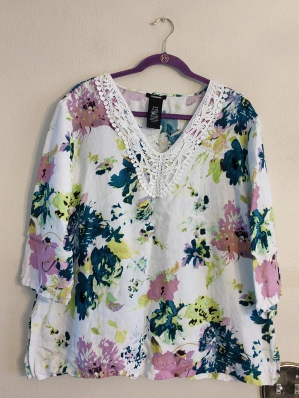 Premise Tunic Blouse Womens XL Multicolor Floral Crochet V Neck 3/4 Sleeve Top